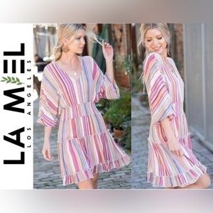 LA MIEL Women’s Striped Pink Ruffled Mini Tunic Dress - Size Small